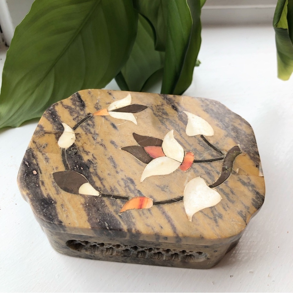 Earthy marble stone trinket box coral mother of pearl semiprecious stone inlay
